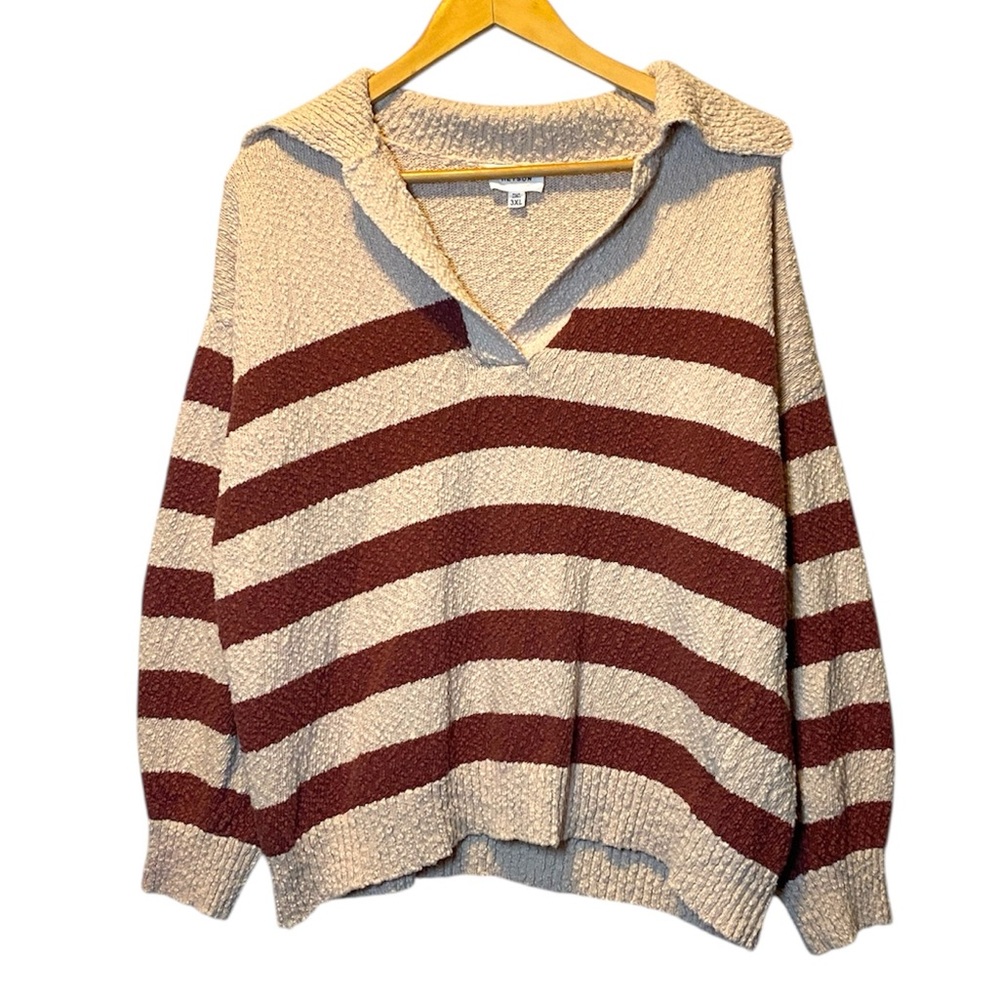 Heyson Textured Sweater Women’s 3XL Brown Cream Stripe Shawl Collar Pullover